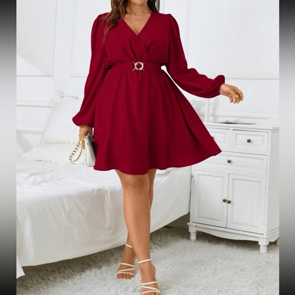 Plus size burgundy surplice neck lantern sleeve belted dress - Picture 4 of 15